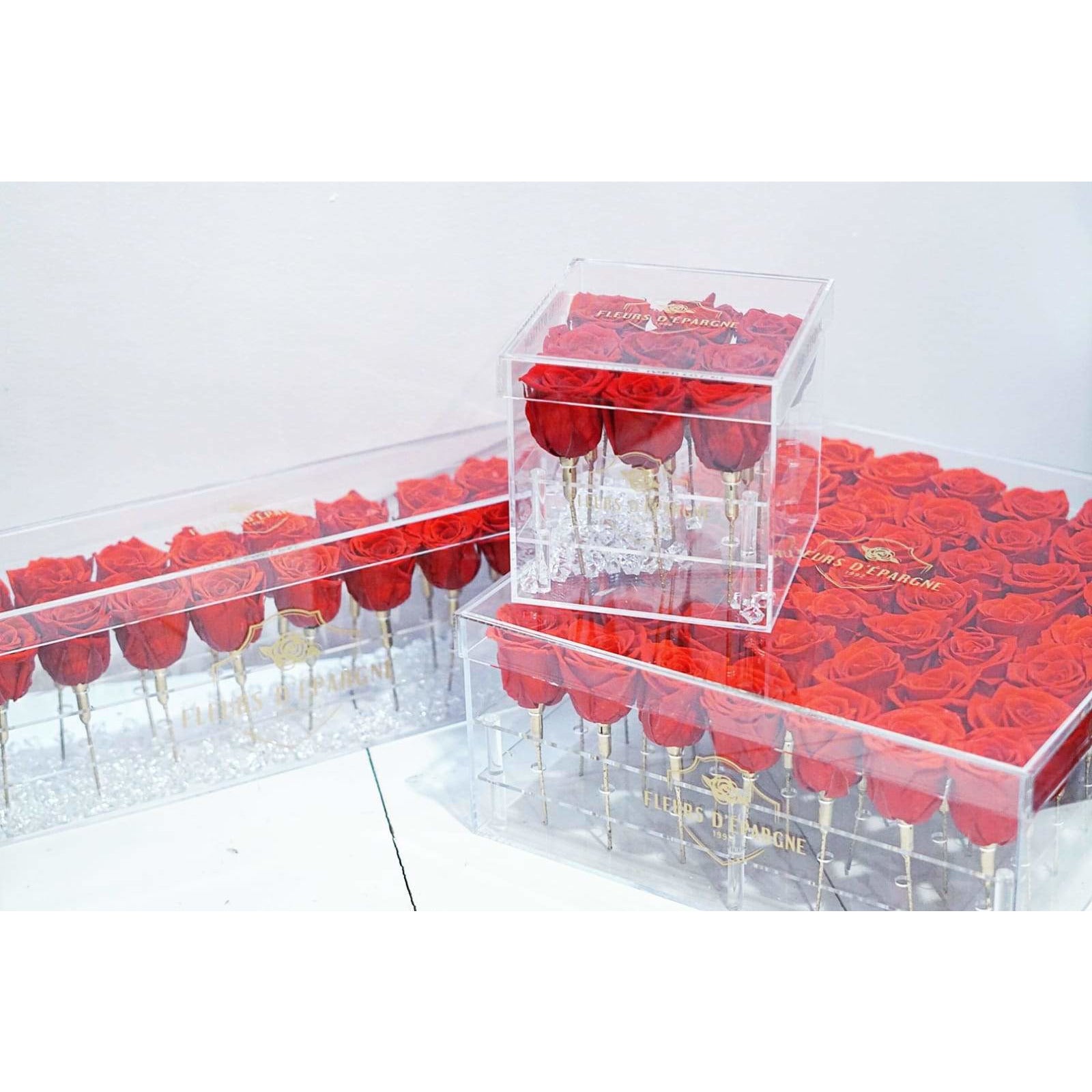 Our 49 Rose Crystal Box comes in a luxurious, crystal-clear acrylic material arranged with double the amount of our Original Crystal Box