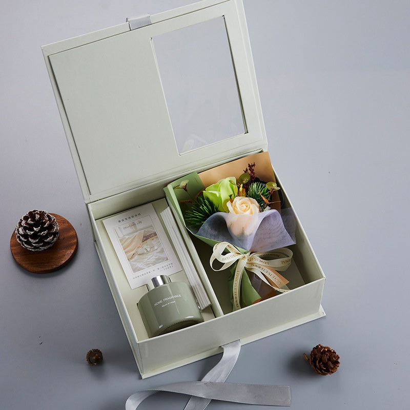 Mini rose bouquet and home fragrance diffuser in a sage gift box