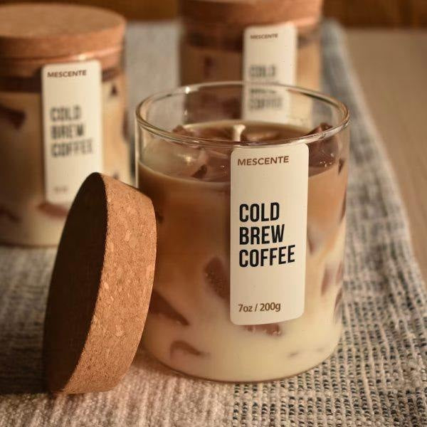 Cold brew coffee candle in a glass jar with cork lid
